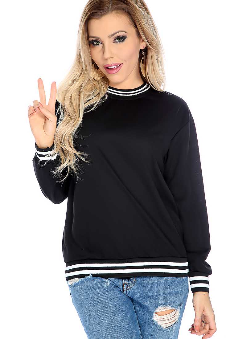 Black Long Sleeve Two Tone Causal Sweater Top