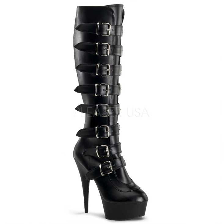 Black Faux Leather Multiple Buckles Straps Platform Knee High Boot