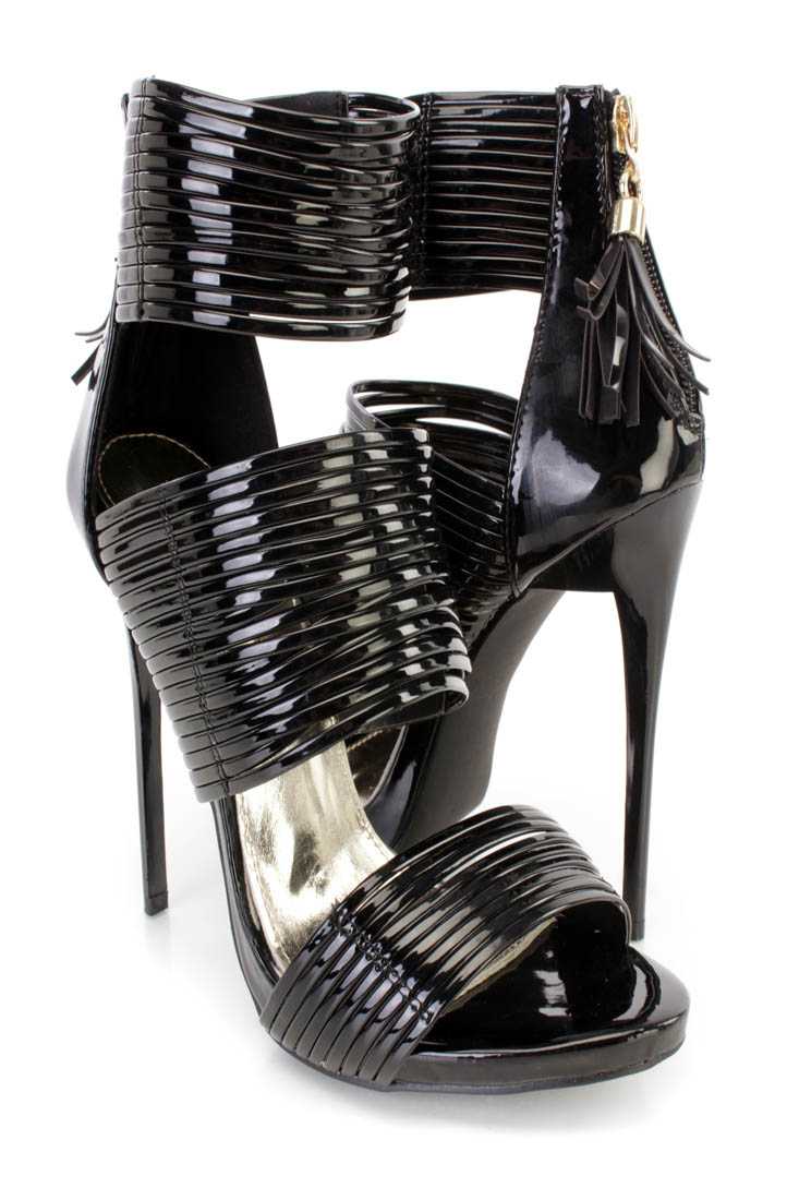 Black Strappy Single Sole Stiletto High Heels Patent