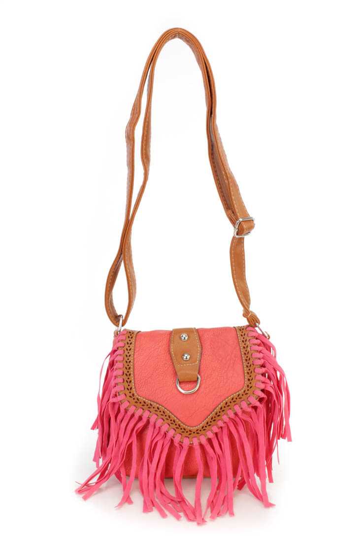 Coral Two Tone Faux Leather Fringe Accent Saddle Handbag