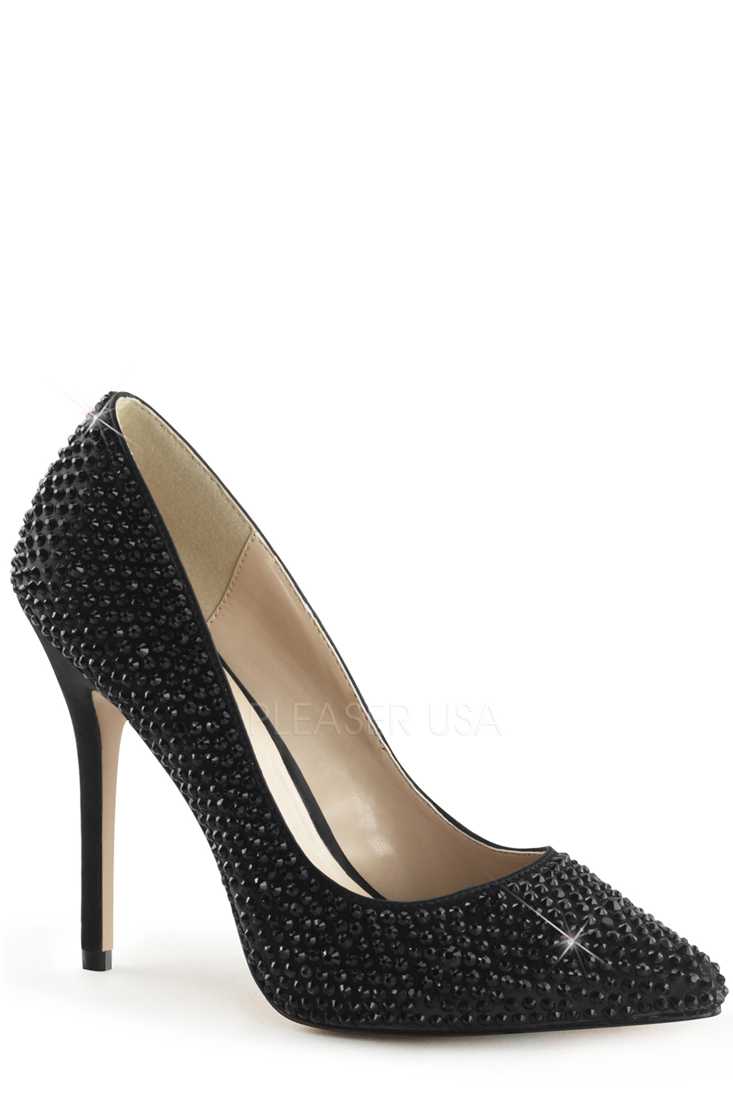 Black Rhinestone Single Sole Pump High Heels Satin