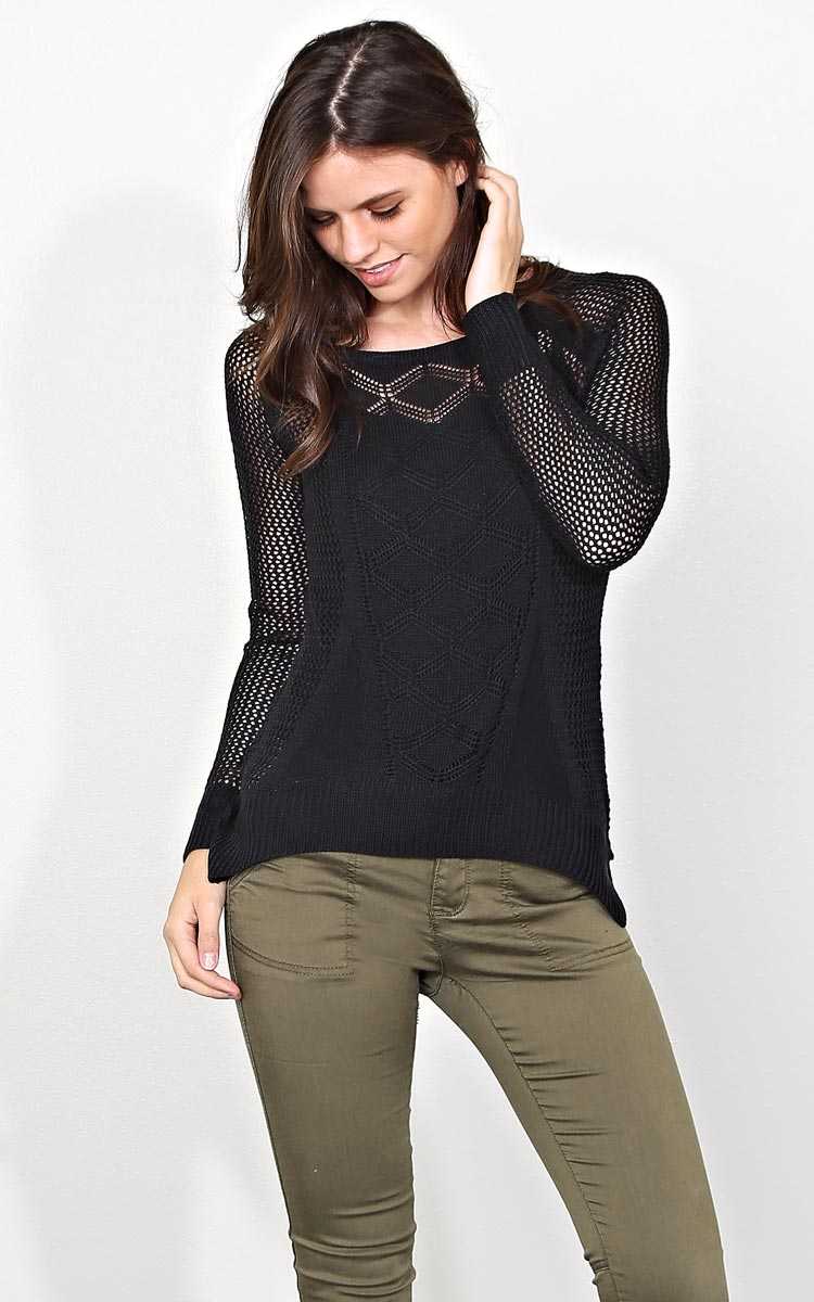 Eyelet Craze Open Stitch Sweater - MED - Black in Size Medium by Styles For Less