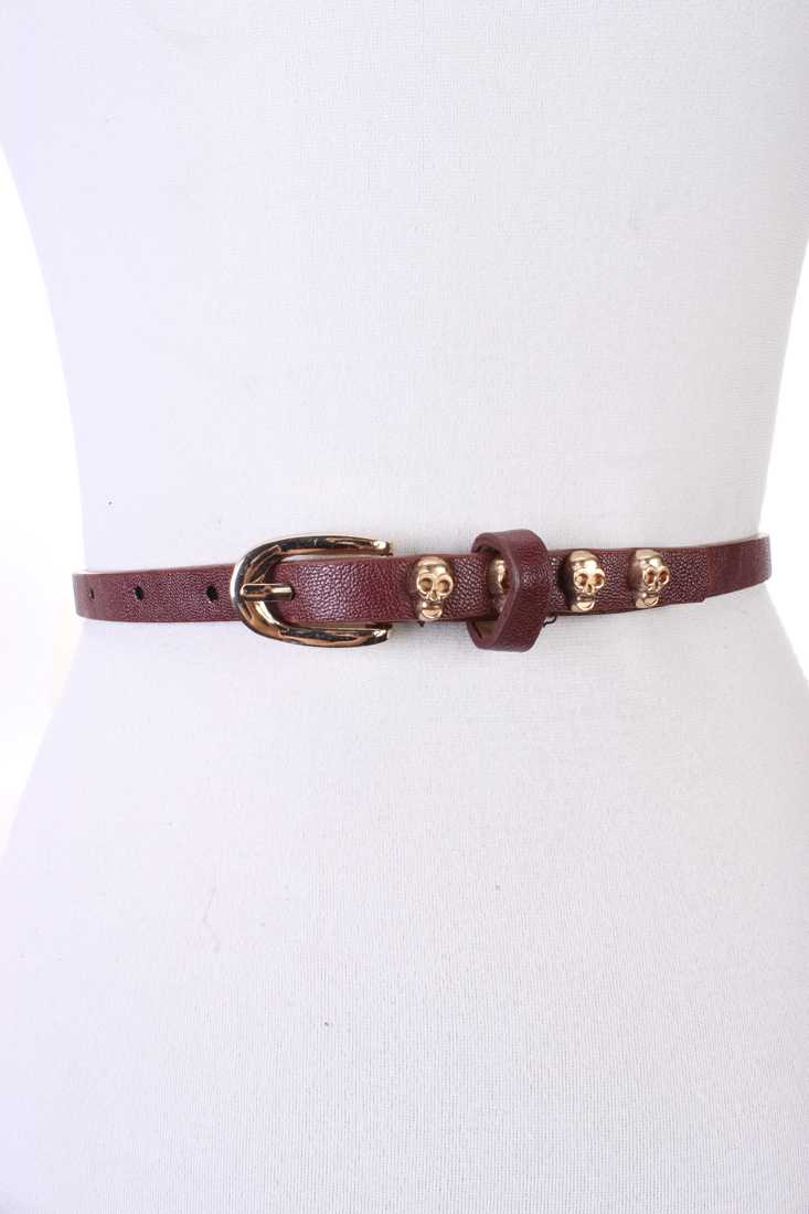 Brown Faux Leather High Polish Mini Skull Accent Belt