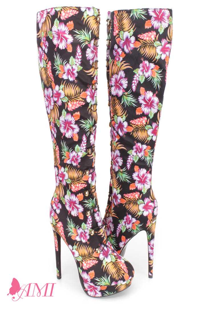 Pink Flower Print Hook Loop High Heel Boots Fabric