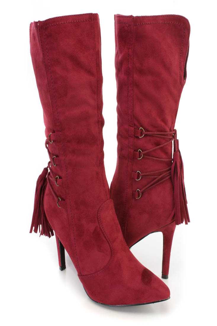 Wine Pointed Toe Single Sole Heel Booties Faux Suede