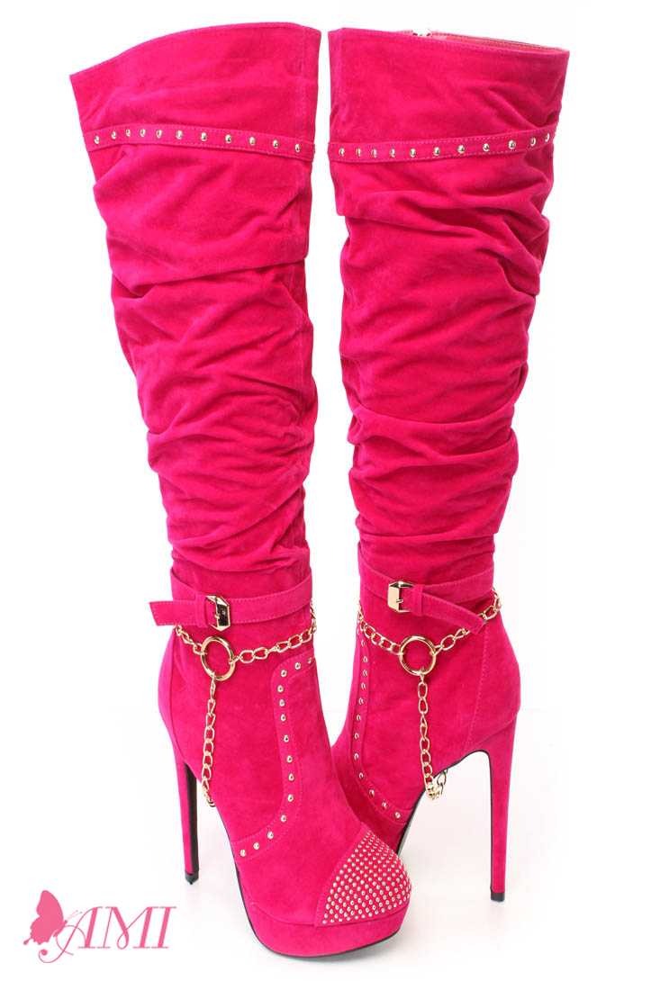 Hot Pink Slouchy Studded Knee High Heel Boots Faux Suede