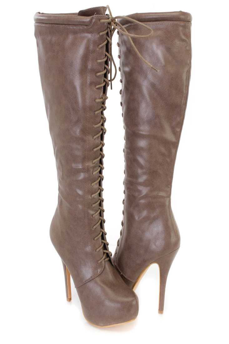 Grey Knee High Lace Up High Heel Boots Faux Leather