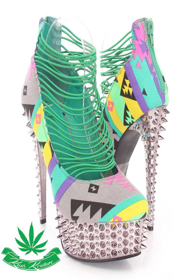 Green Tribal Printed Strappy High Heels Canvas
