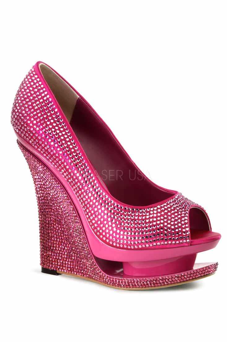 Hot Pink Rhinestone Peep Toe Carved Platform Wedges Satin