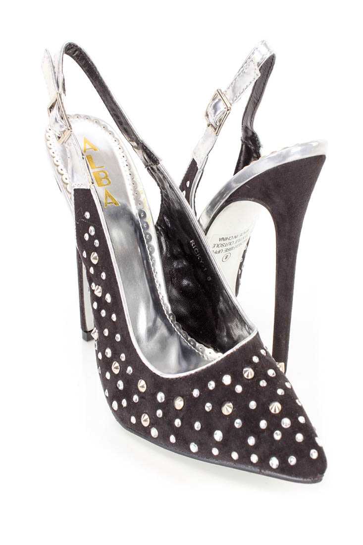 Black Silver Rhinestone Studded Decor Sling Back Pump High Heels Faux Suede