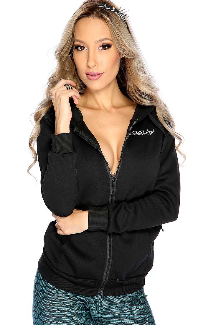 Casual Cute Black Hooded Front Zipper Closure Sweater