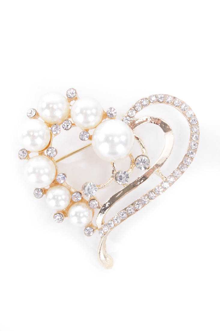 Gold Rhinestone Detailed Heart Brooch