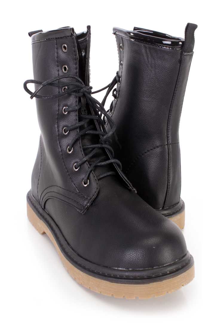 Black Lace Up Combat Ankle Boots Faux Leather