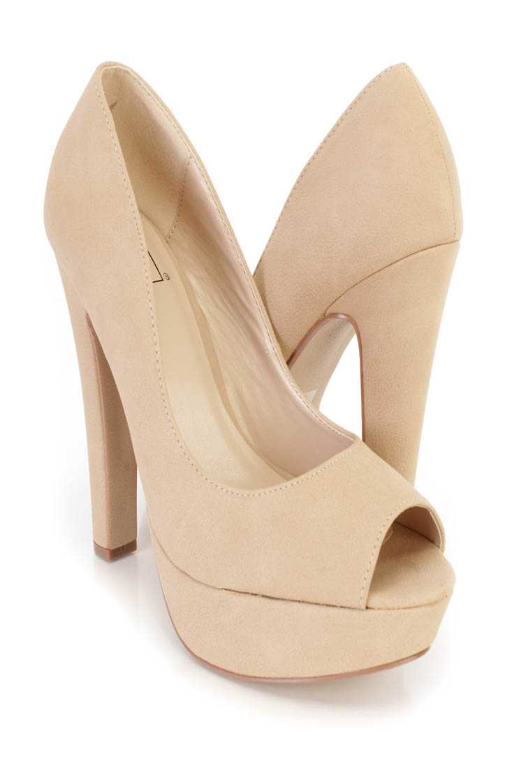 Natural Peep Toe Platform Pump Chunky High Heels Nubuck