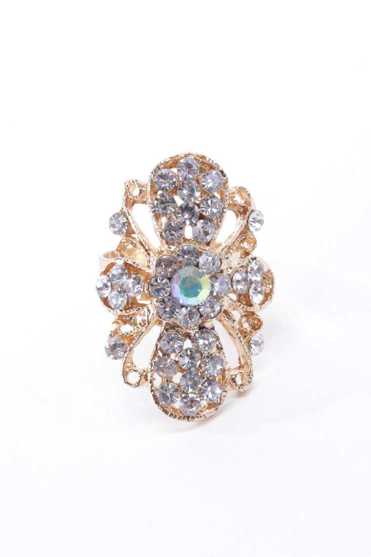 Gold High Polish Metal Rhinestone Intricate Ring