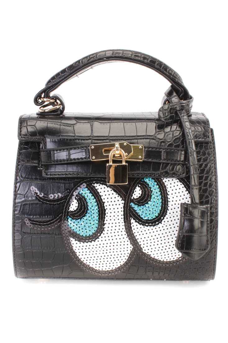 Black Faux Croc Skin Sequin Eyes Patch Handbag