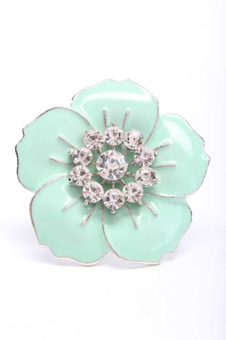 Silver Mint Diamond Gemstone Clustered High Polish Outlined Flower Ring