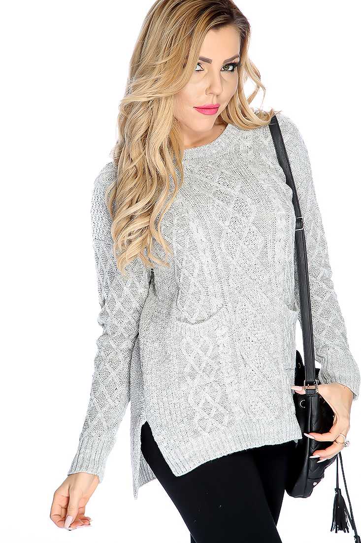 Grey Cable Knit Front Pocket Sweater Top