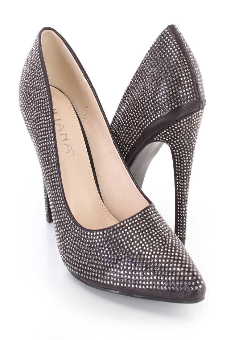 Black Rhinestone Single Sole Pump High Heels Shimmer Fabric