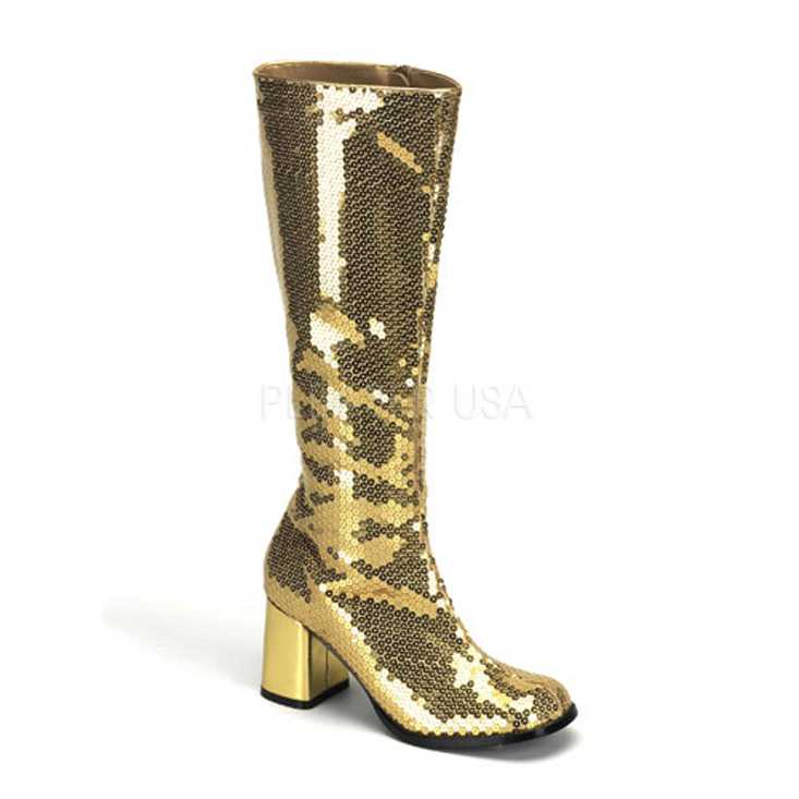 Gold Sequins Chunky Heel Knee High Boots