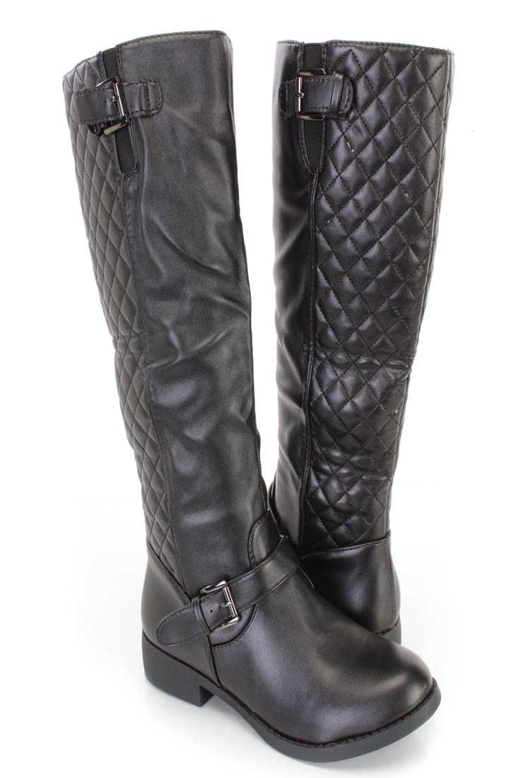 Black Stitched Quilted Riding Boots Faux Leather