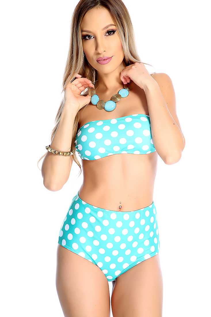 Mint Polka Dot Bandeau High Waist 2 Piece Bikini