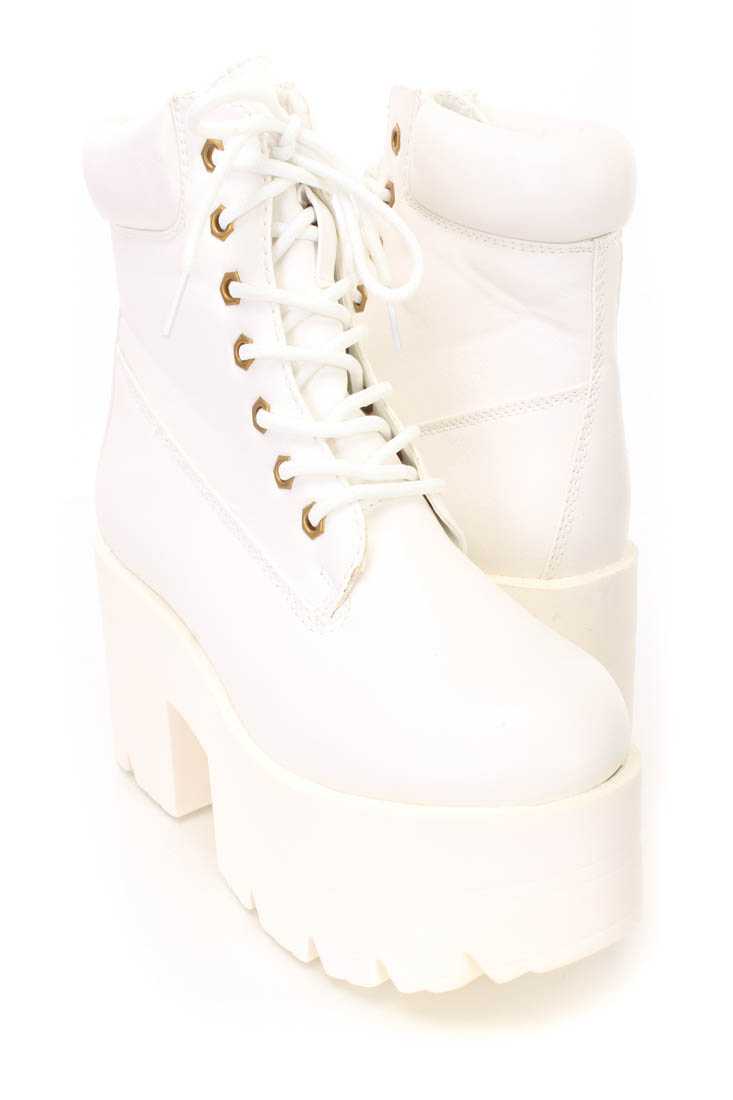 White Lace Up Chunky Heel Platform Booties Faux Leather