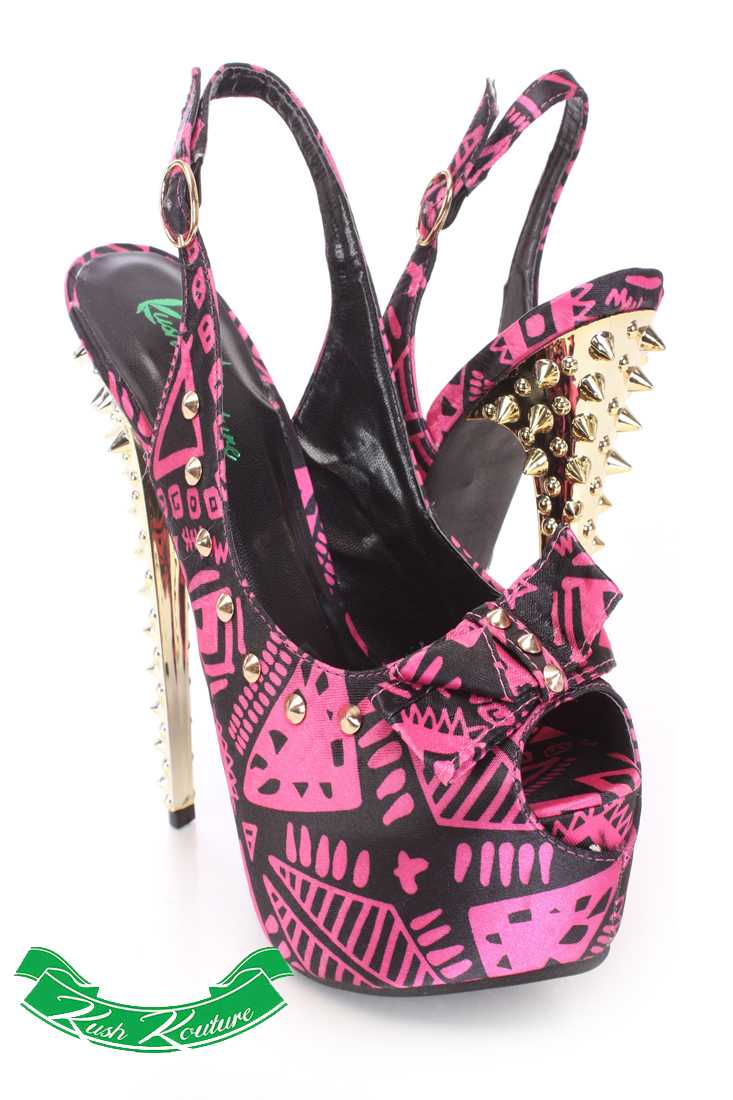 Black Fuchsia Studded Peep Toe Sling Back High Heels Fabric