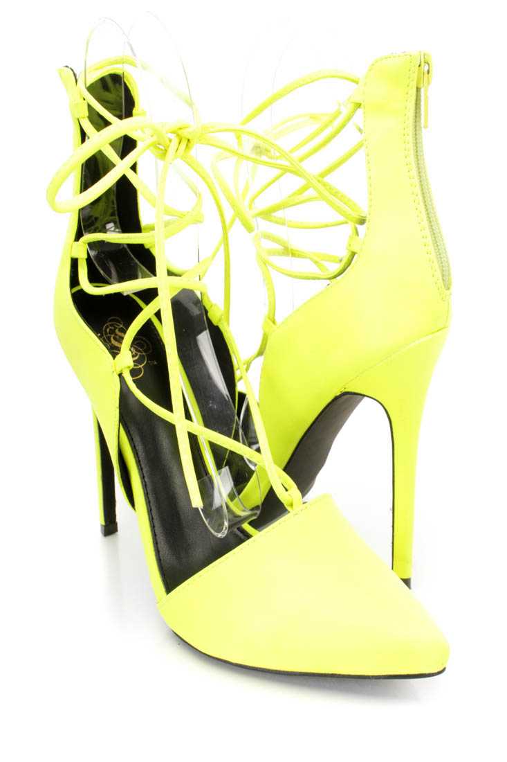 Neon Yellow Wrap Around Tie Single Sole High Heels Faux Leather