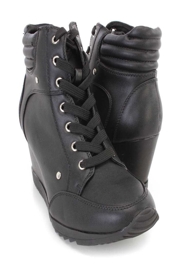 Black Lace Up Sneaker Wedges Faux Leather