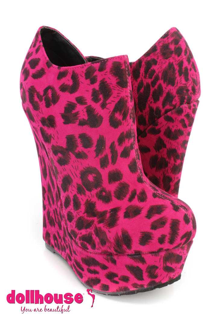 Fuchsia Leopard Print Wedge Ankle Booties Faux Suede