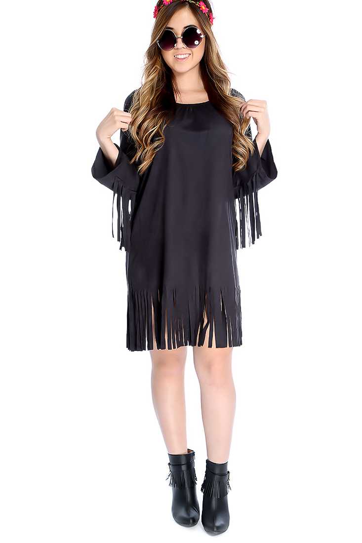 Sexy Black Long Sleeve Fringe Detail Casual Dress