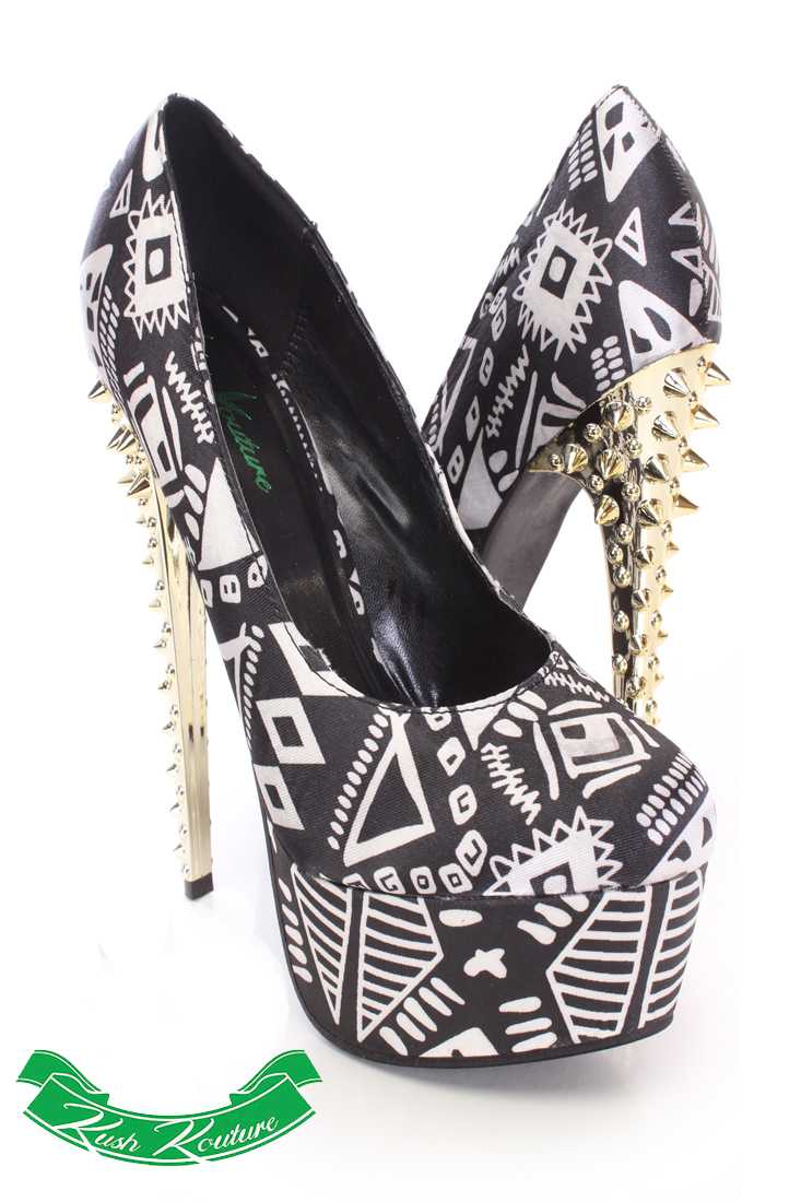 Black White Spikey Platform Pump High Heels Satin