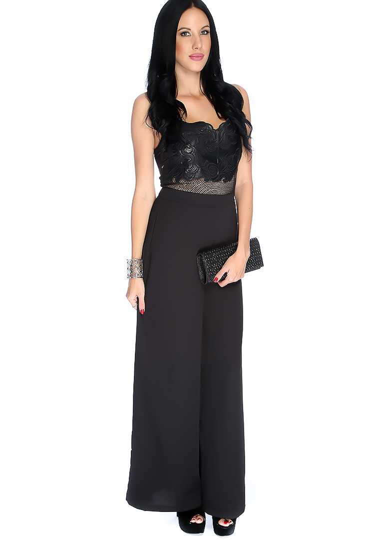 Sexy Black Sleeveless Embroidered Faux Leather Wide Leg Jumpsuit