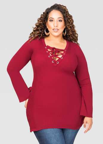 V-Neck Lace-Up Tunic Sweater