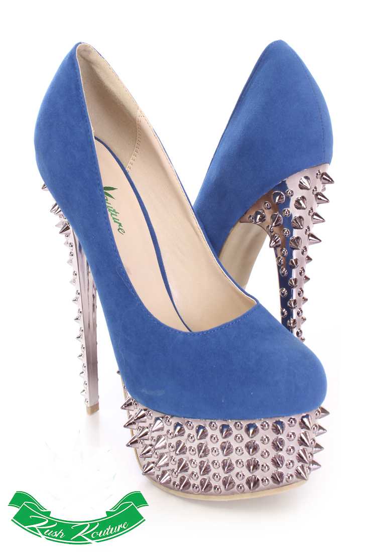 Royal Blue Spike Pump High Heels Faux Suede