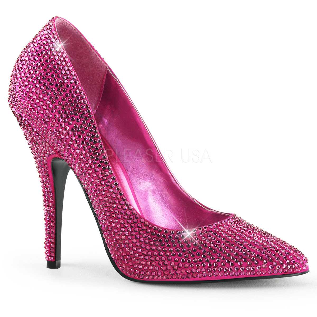 Hot Pink Rhinestone Single Sole Pump High Heels Satin