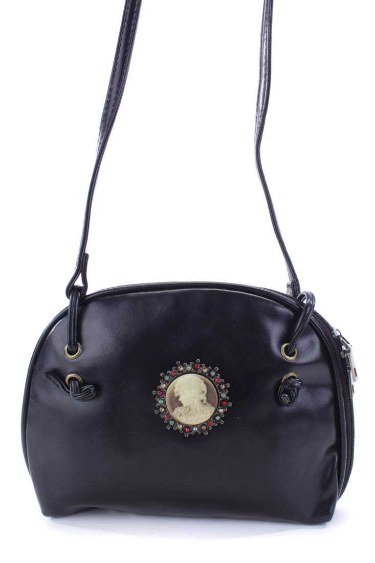Black Faux Leather Cameo Pendant Handbag