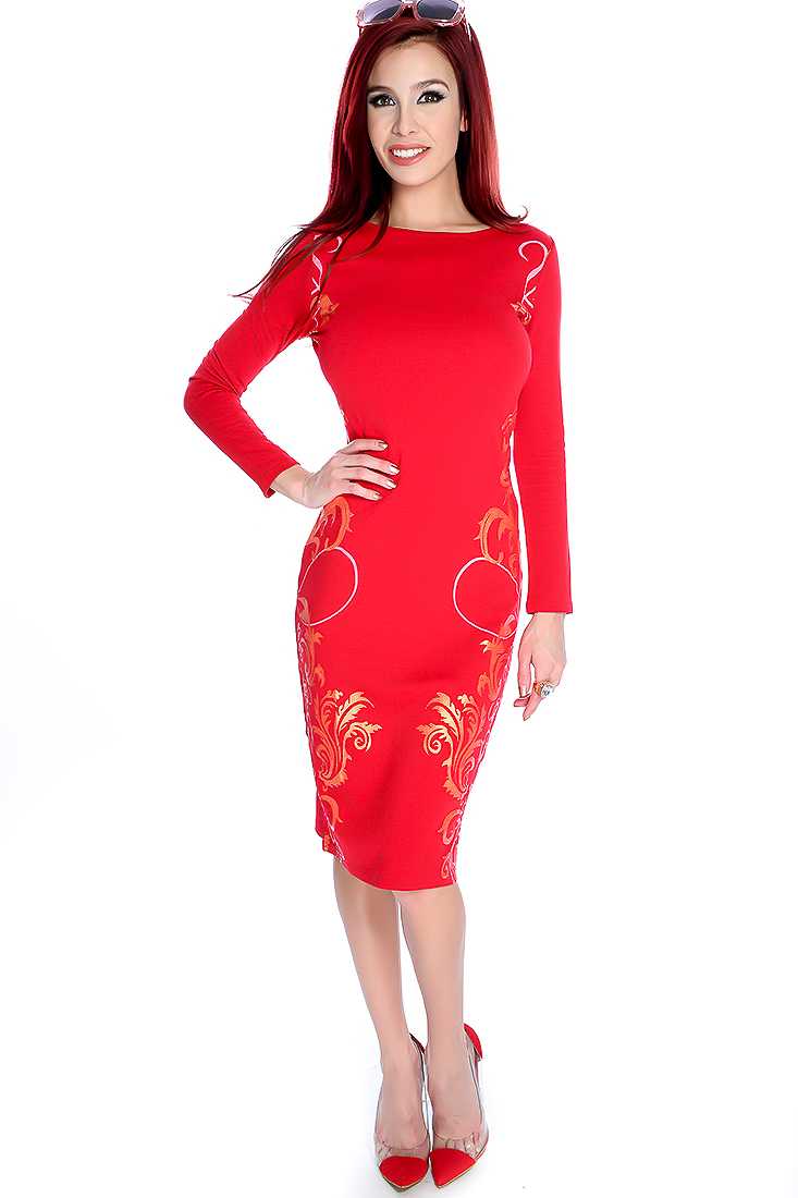 Red Metallic Filigree Print Long Sleeve Party Dress