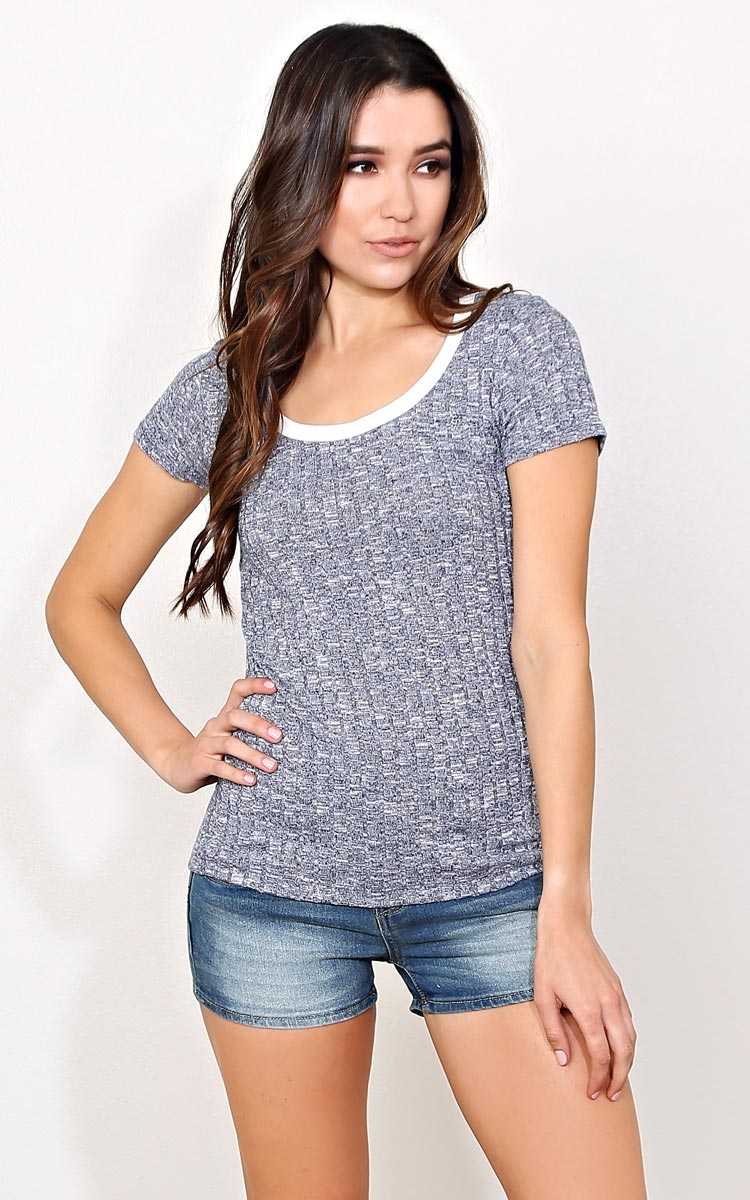 Lindsey Rib Knit Ringer Tee - - Navy Combo in Size by Styles For Less