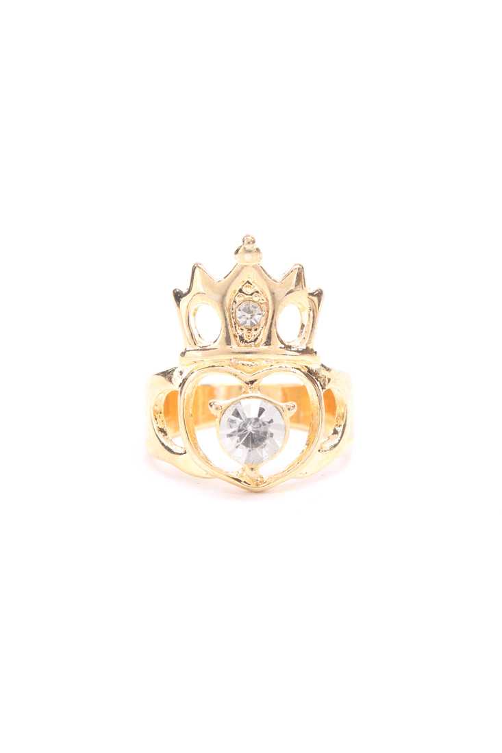 Gold Crown Design High Polish Heart Cutout Centered Gemstone Accent Ring