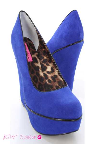Blue Suede Leather Upper Round Close Toe Pump Wedges Platform
