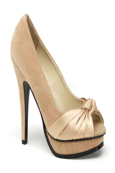 Champagne Faux Suede Leather Satin Peep Toe Pumps