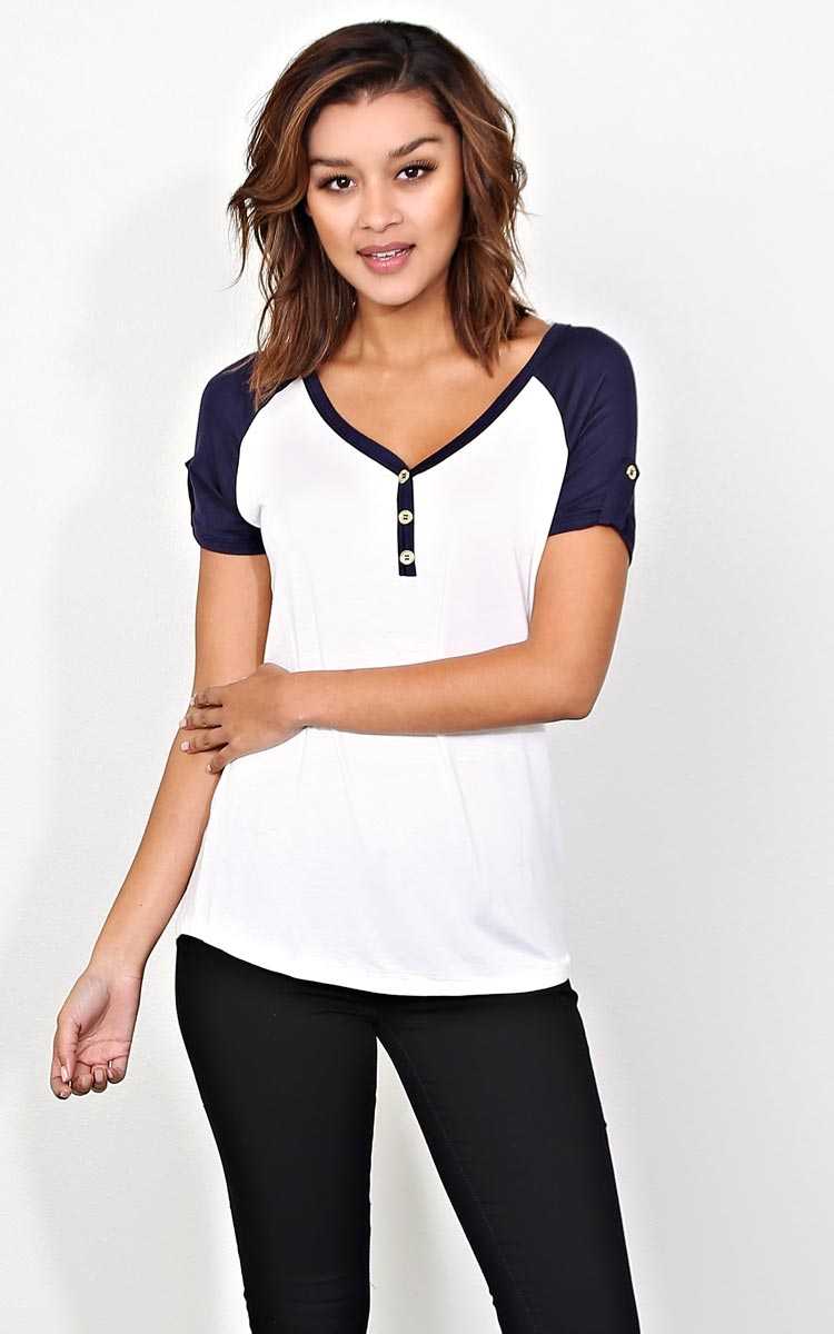 Paige Knit Raglan Tee - LGE - Navy Combo in Size Large by Styles For Less