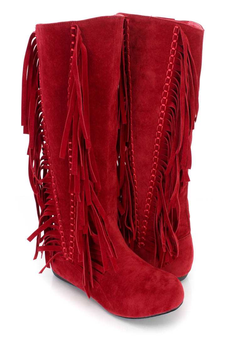 Red Fringe Stitched Mid Calf Boots Faux Suede