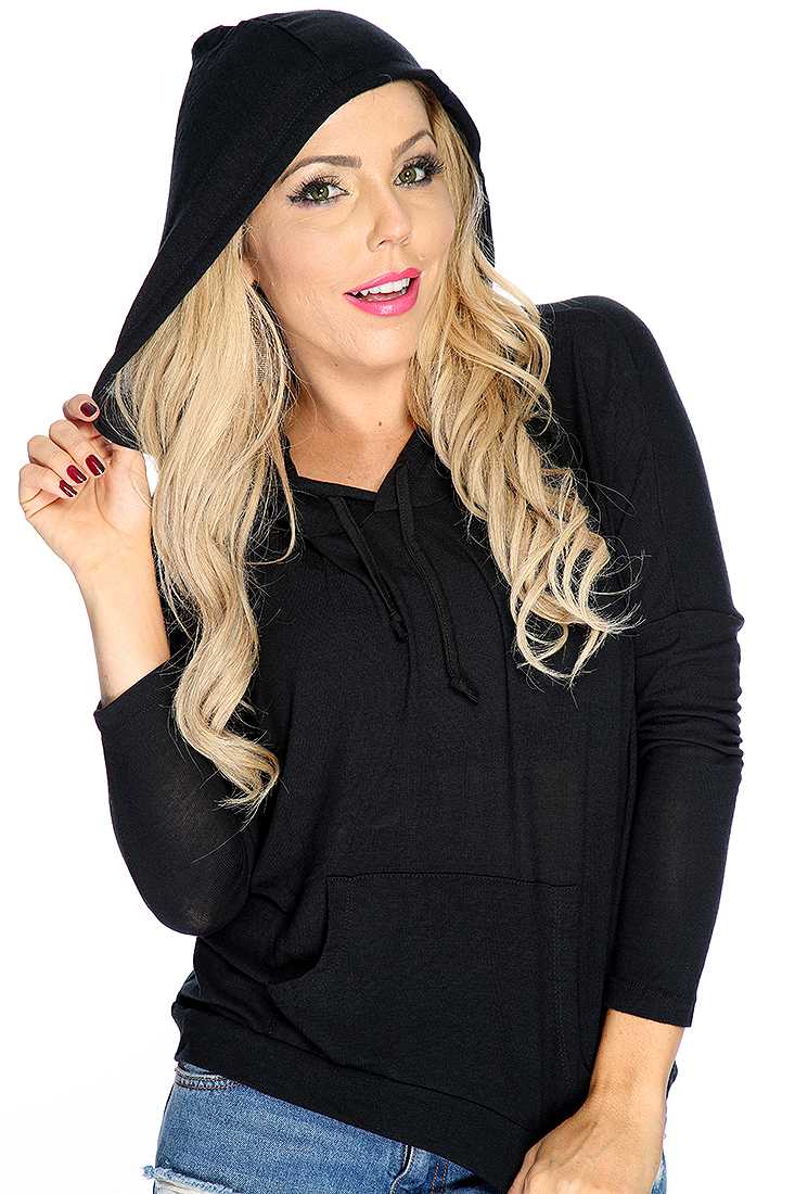 Black Hooded Front Pocket Long Sleeves Cute Casual Sweater