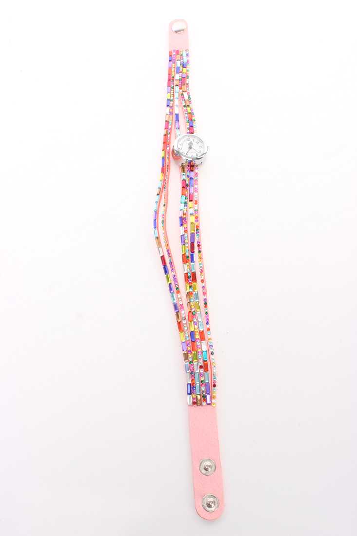 Pink Wrap Around Beaded High Polish Metal Watch Bracelet