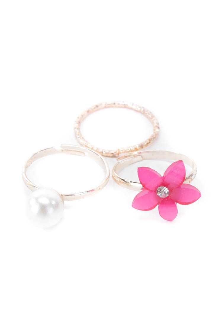 Fuchsia High Polish Metal Flower Ring Set