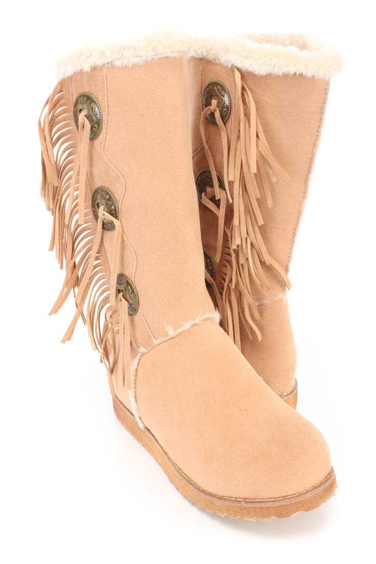 Beige Button Detail Faux Fur Trimmed Boots Faux Suede