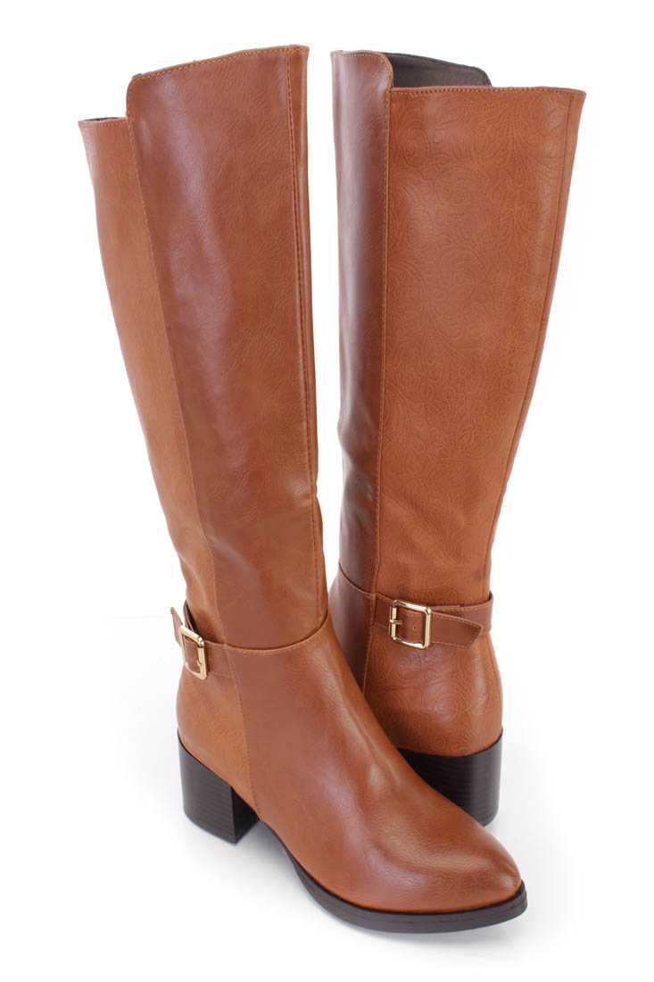 Camel Paisley Embossed Riding Boots Faux Leather